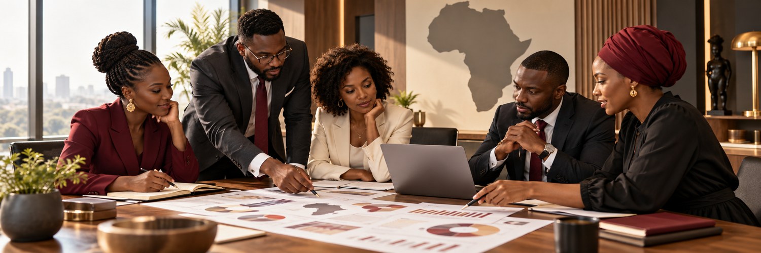 Illustration of a team discussing African market research